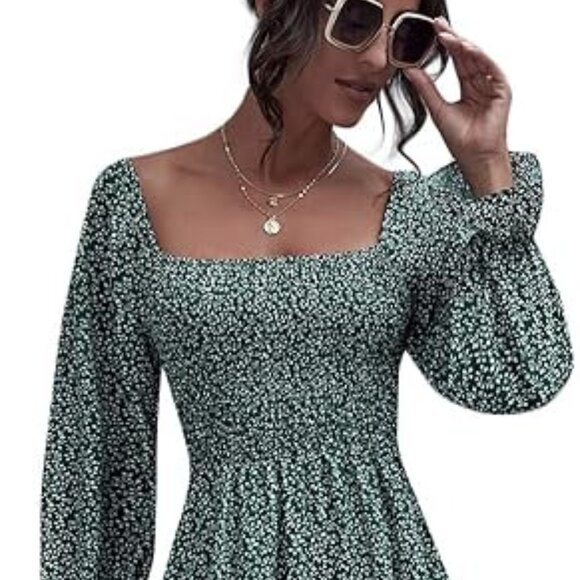 Floerns Women's Boho Square Neck Smocked Long Puff Sleeve A Line Maxi Dress - Picture 2 of 2